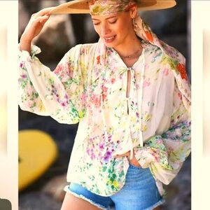 Sabina Musayev Women Bazooka Top Flowy Chiffon Blouson Sleeve Floral Size‎ S